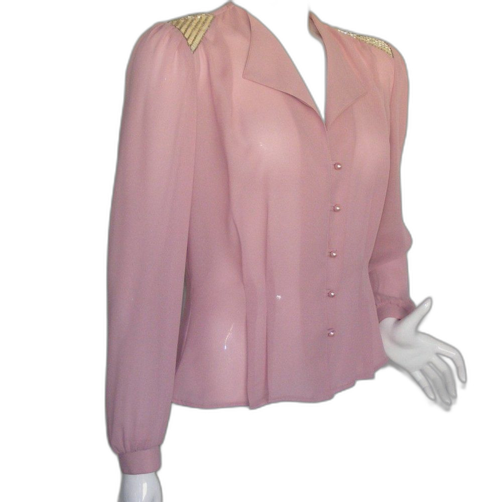 Vintage Blouse, M, Pink, Sequin statement Shoulders, Long sleeve, button front - Picture 2 of 11